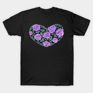 Roses and leaves forming a wide heart watercolor painting T-Shirt